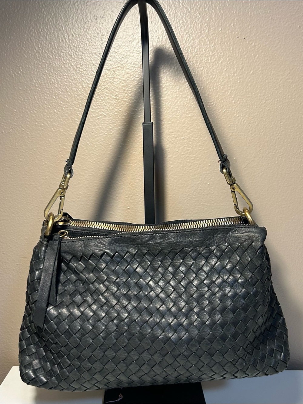 Black Valentina Italian Leather Soft shoulder Bag Purse Woven Brass Hardware